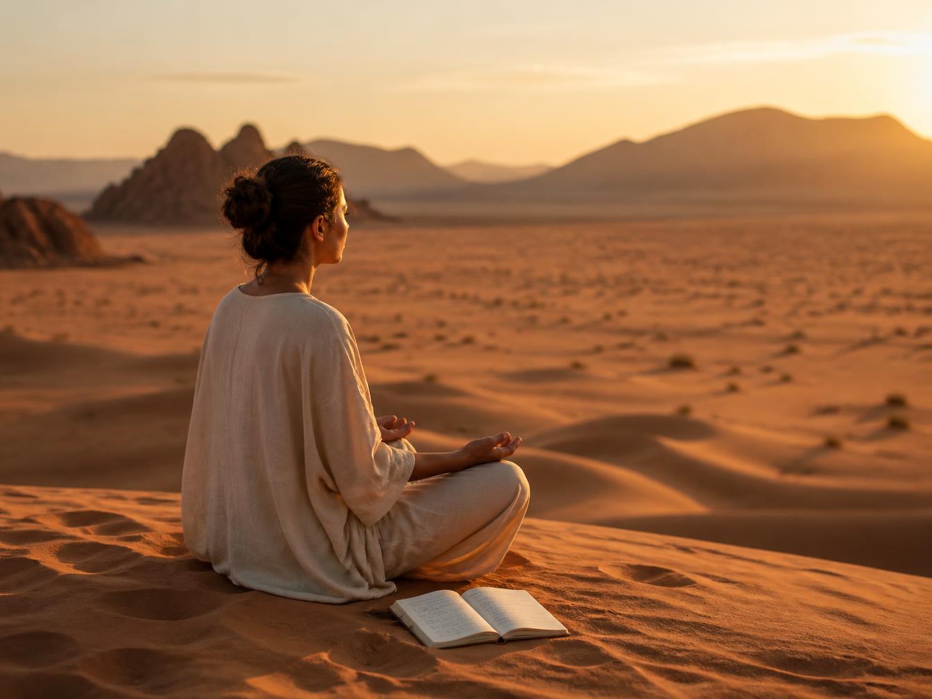 Mujer meditando en una duna del desierto al amanecer con un journal abierto a su lado